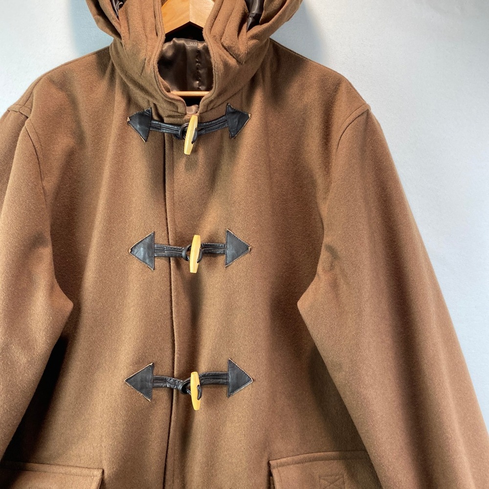 VTG Golfer Duffle Coat Men XL Brown Wool Blend Toggle Hooded convert Long Jacket - Picture 2 of 15